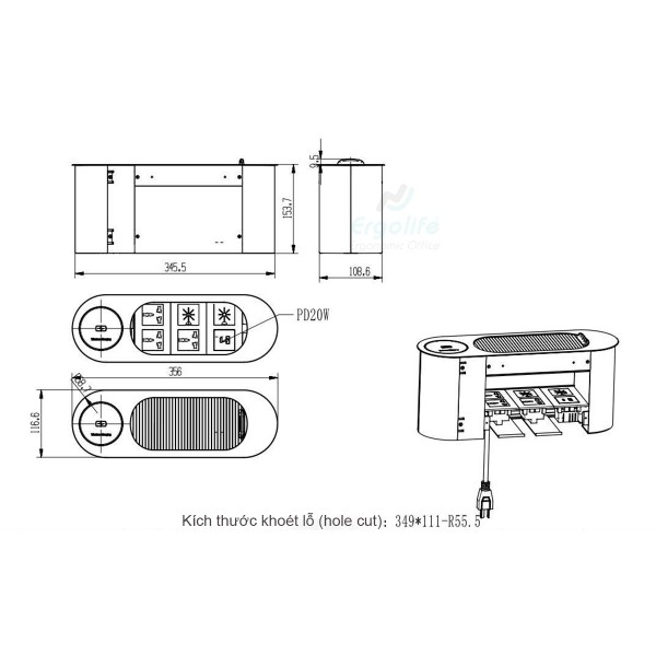 Ổ cắm điện âm bàn nắp trượt tích hợp sạc không dây OEUP033