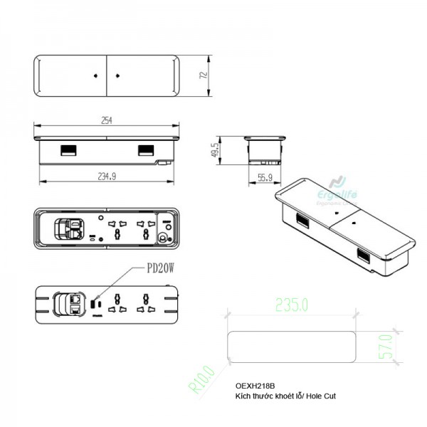 Ổ cắm điện âm bàn nắp trượt OEXH218B