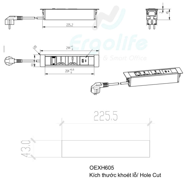 Ổ cắm điện âm bàn hoặc âm vách ngăn OEXH605