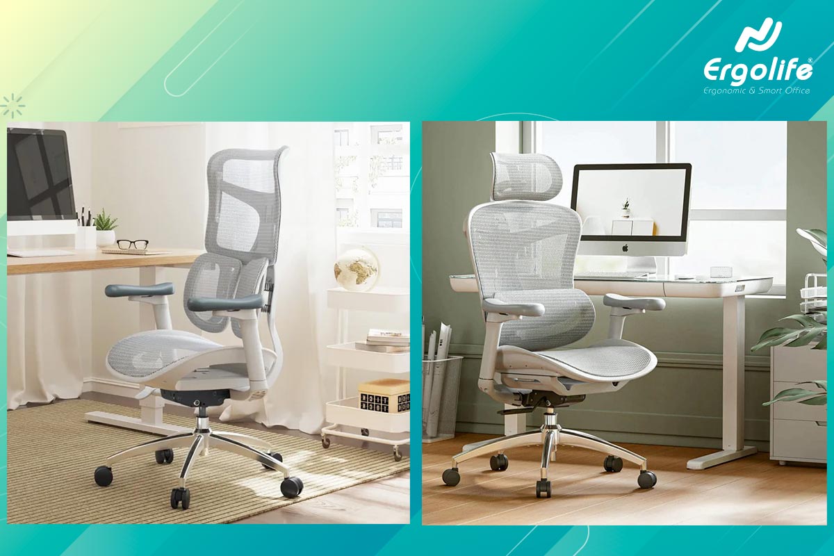 Góc làm việc màu trắng ấn tượng với ghế công thái học